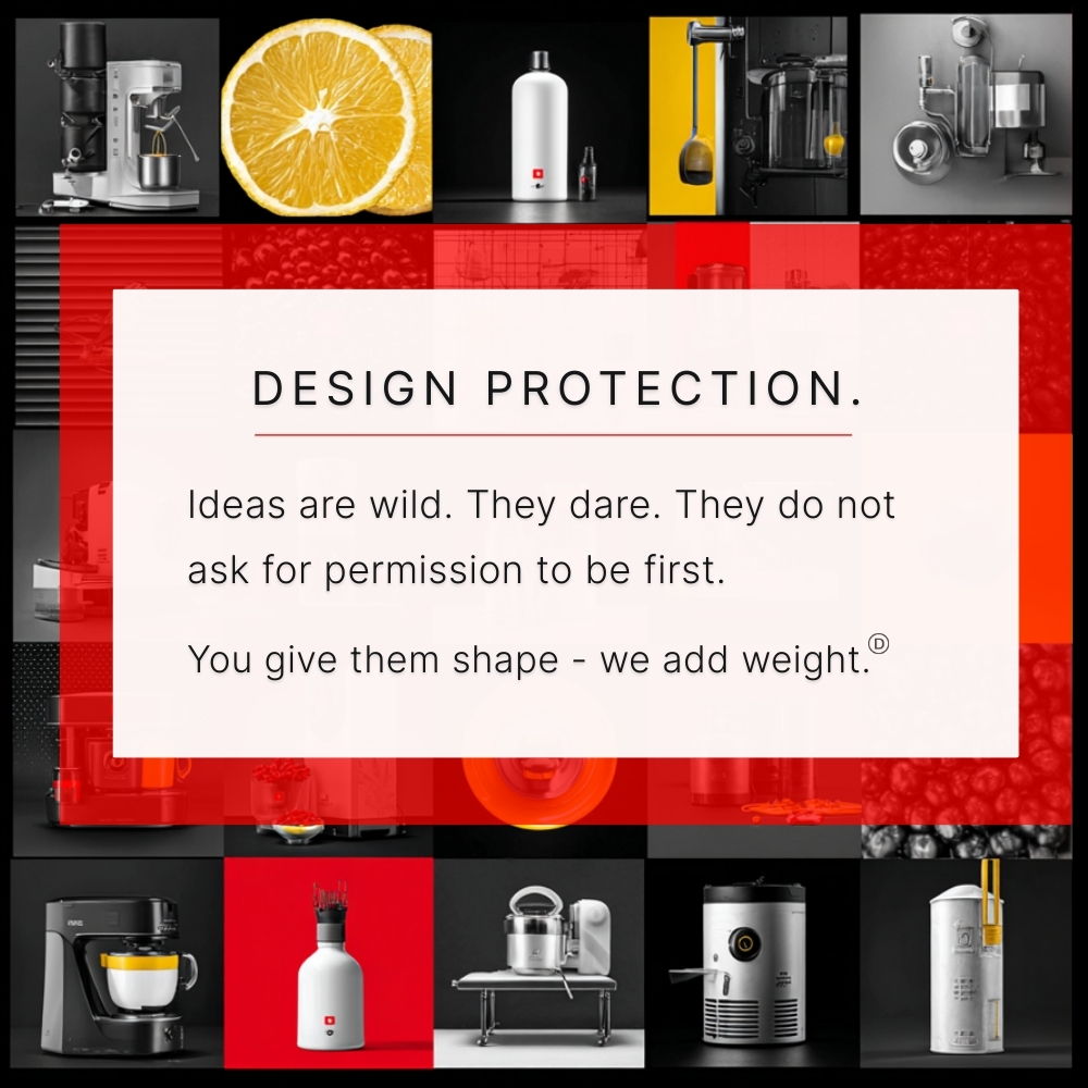 Design protection service visual with contemporary architecture and red design elements, featuring text 'PATENT YOUR DESIGN - Ideas are wild. They dare. They do not ask for permission to be first. You give them shape - we add weight.'