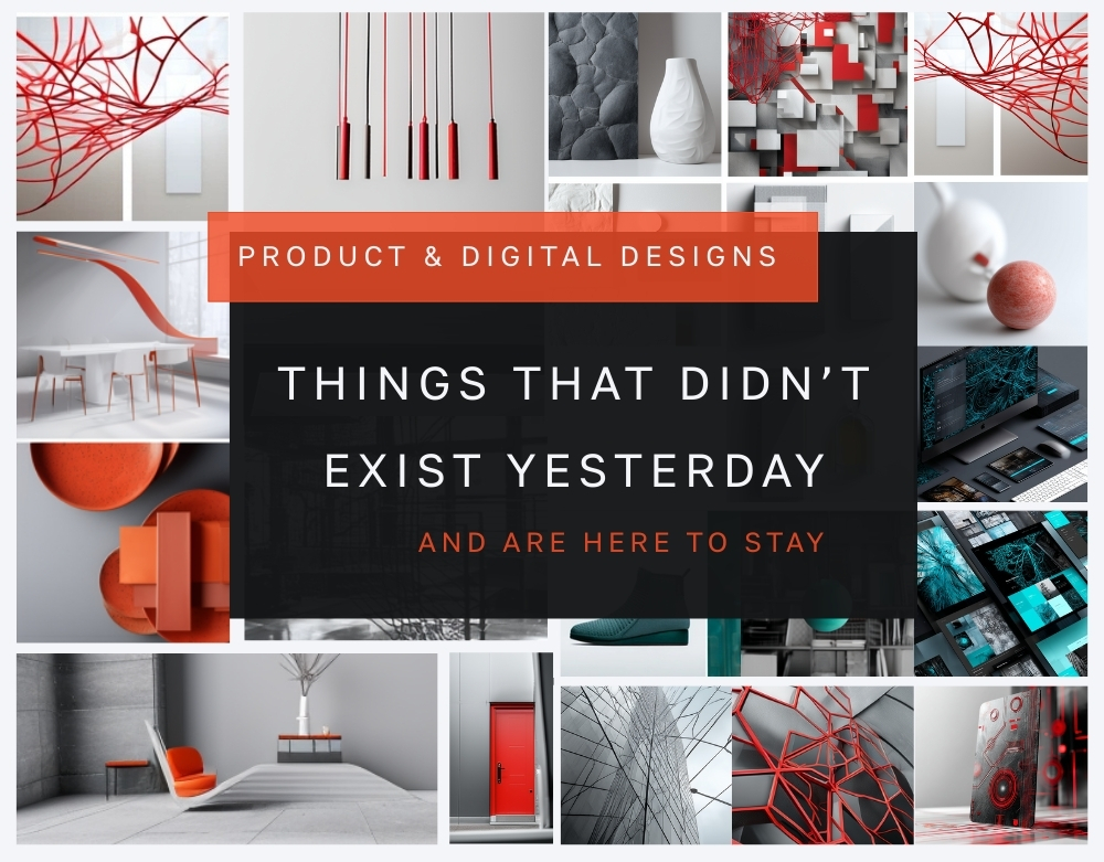 Design protection collage showcasing innovative product designs, digital designs, furniture, and architectural elements with text 'PRODUCT & DIGITAL DESIGN - Things That Didn't Exist Yesterday And Are Here To Stay' for GOLDENBERG IP design registration