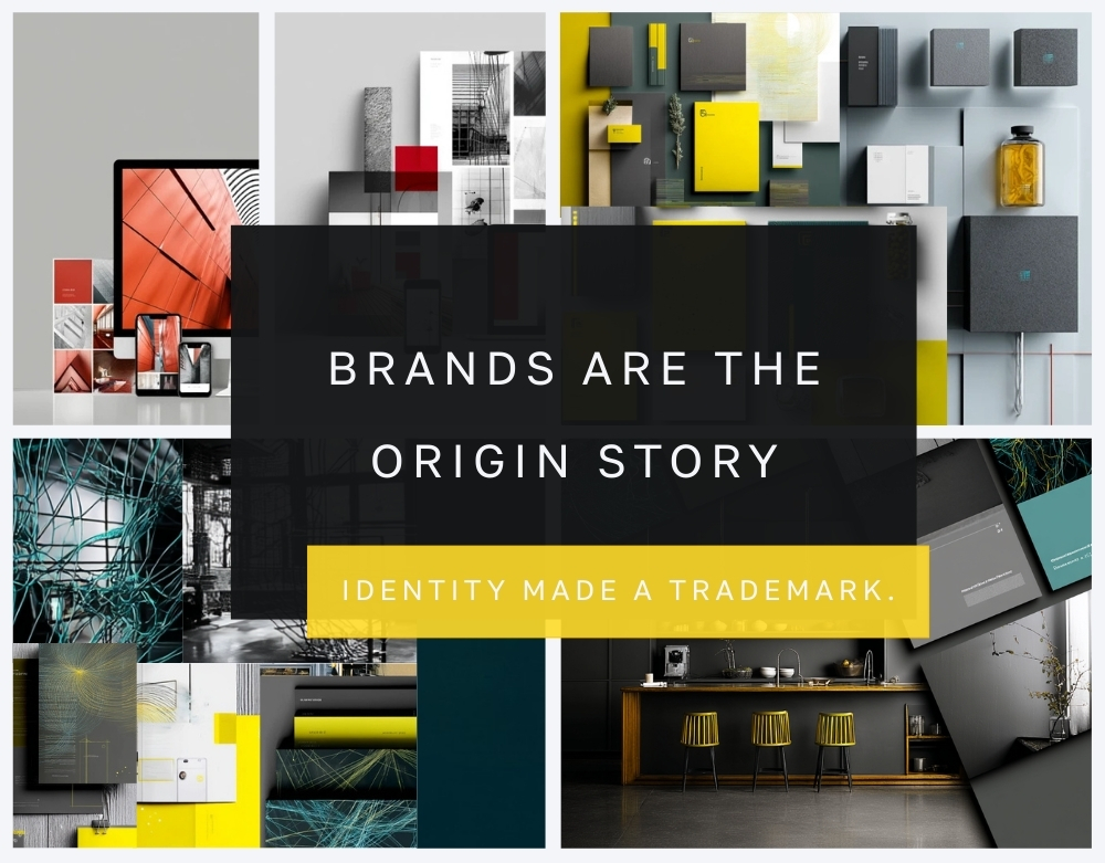 Trademark protection collage featuring brand identity elements, design materials, and modern office spaces with text 'BRANDS ARE THE ORIGIN STORY - Identity Made a Trademark' representing GOLDENBERG IP trademark registration services