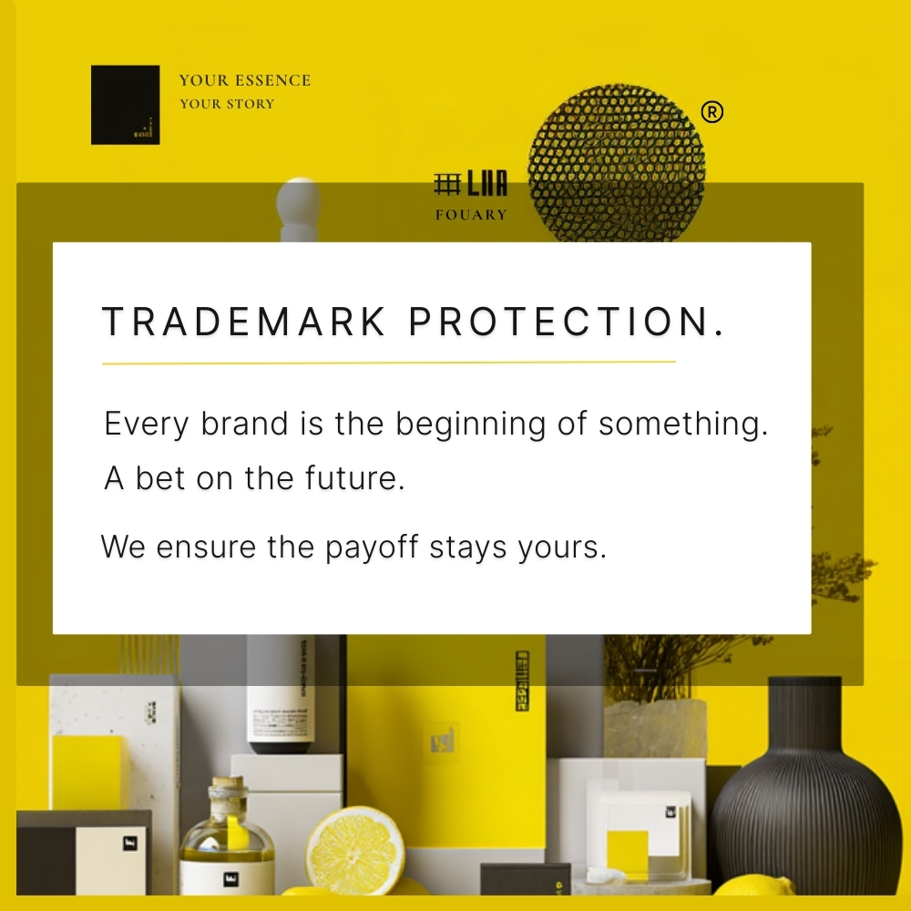 Trademark registration service visual with modern art gallery interior, art installation ´origin story´, yellow accent colors, featuring text 'TRADEMARK YOUR BRAND - Every brand is the beginning of something. A bet on the future. We ensure the payoff stays yours.'